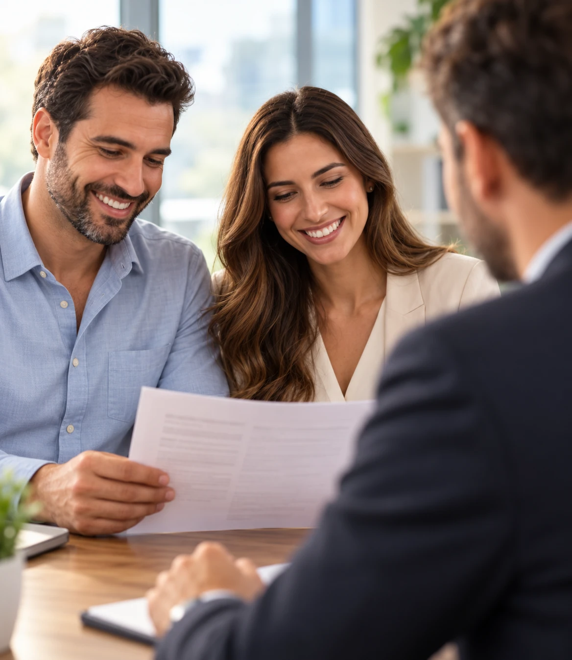 Casal revendo um documento com um consultor